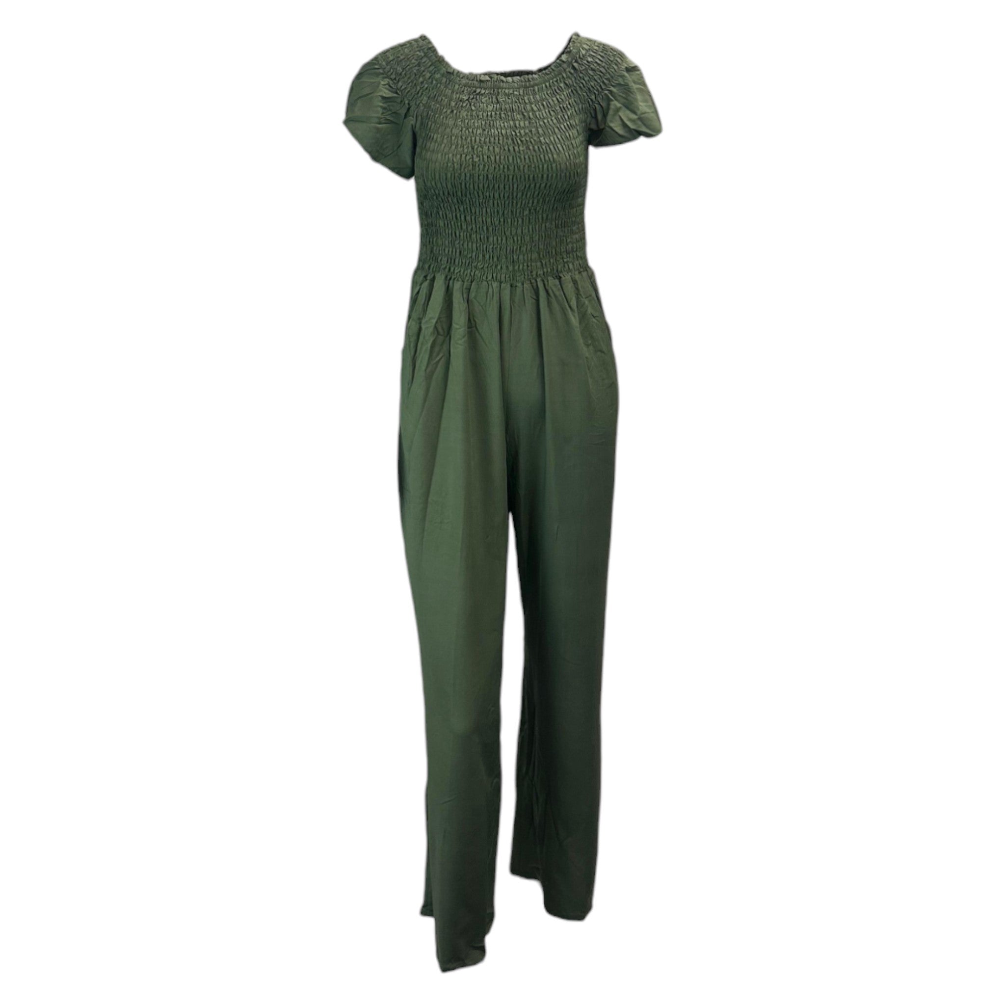 Khaki Green women's shirred jumpsuit with puff sleeves and wide-leg cropped